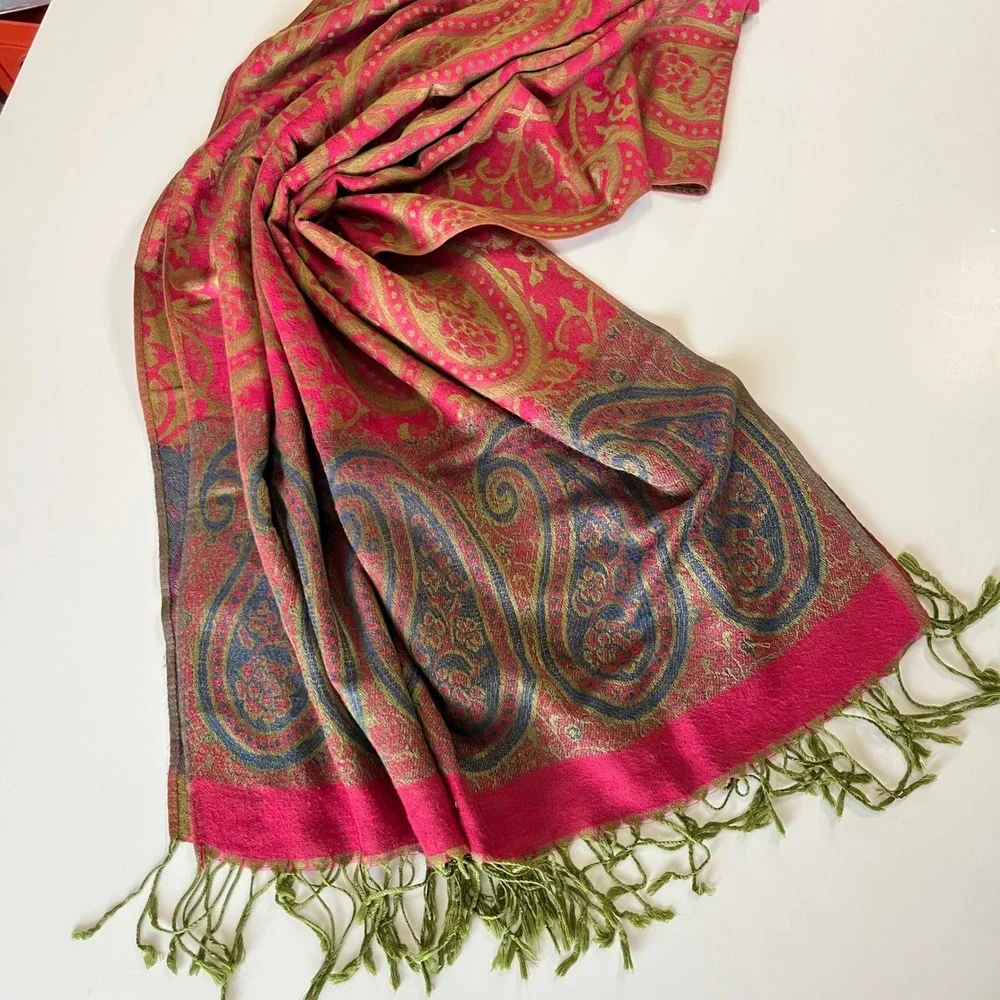 Pashmina Silk Blend Paisley Scarf Pink Green Blue Fringe Wrap Shawl Bohemian